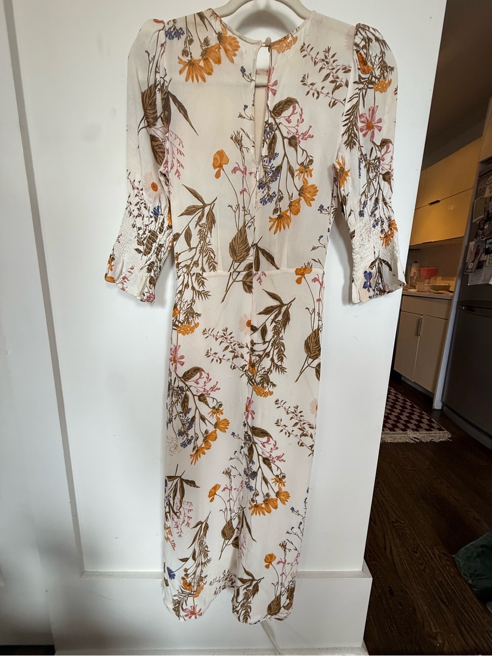 Reformation Cream Floral Midi Dress with Puff Sleeves w Side Slit - Picture 2 of 2